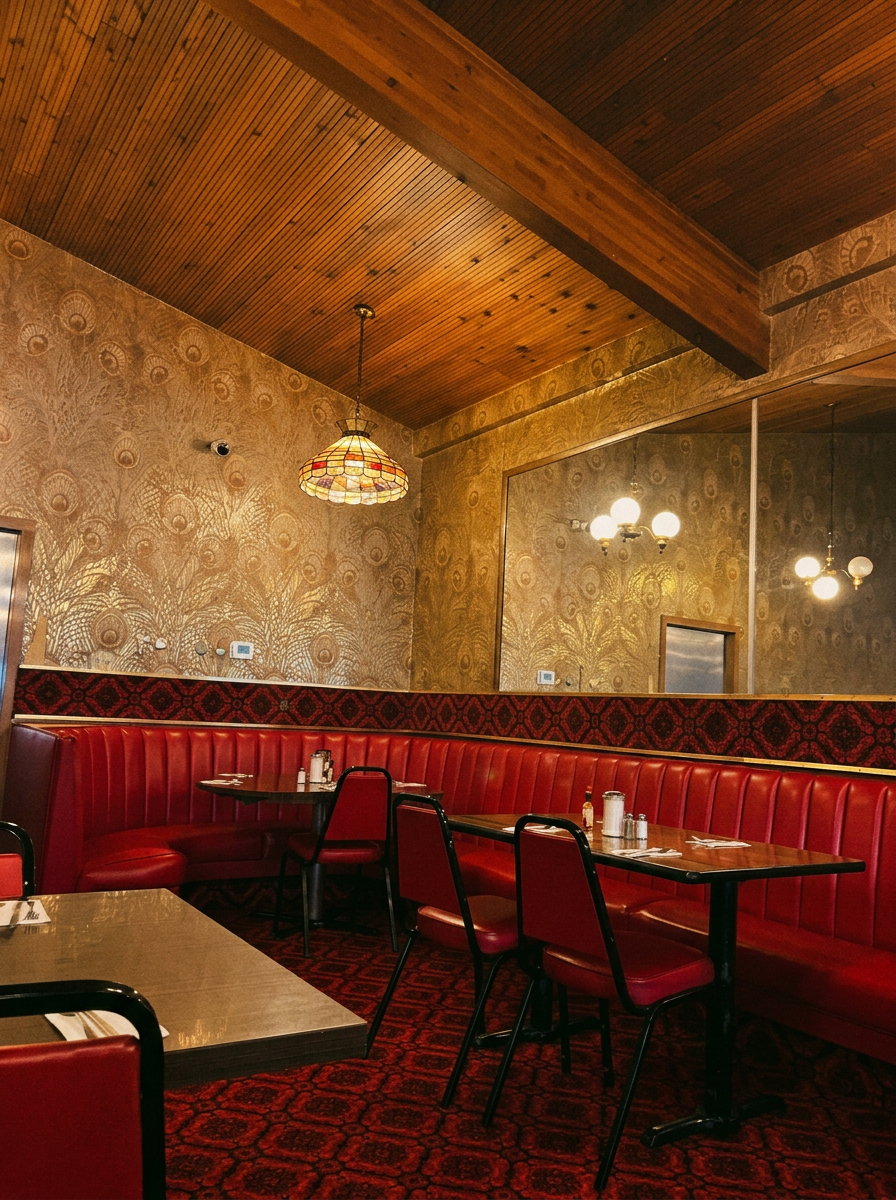 A cozy booth corner with red seating and warm wood ceilings