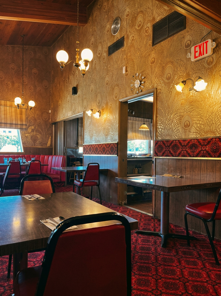 The main dining room with red chairs and ornate wallpaper