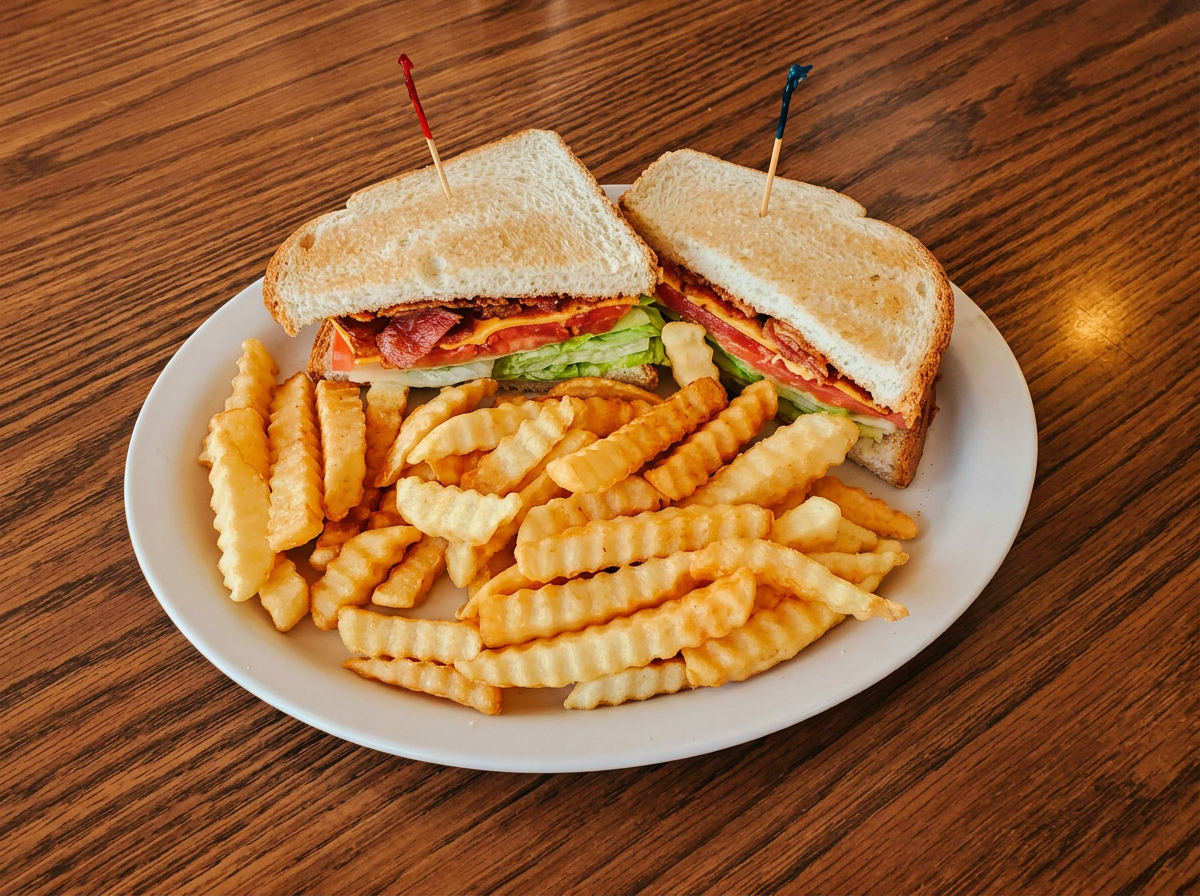 A BLT sandwich with crinkle-cut fries on a white diner plate
