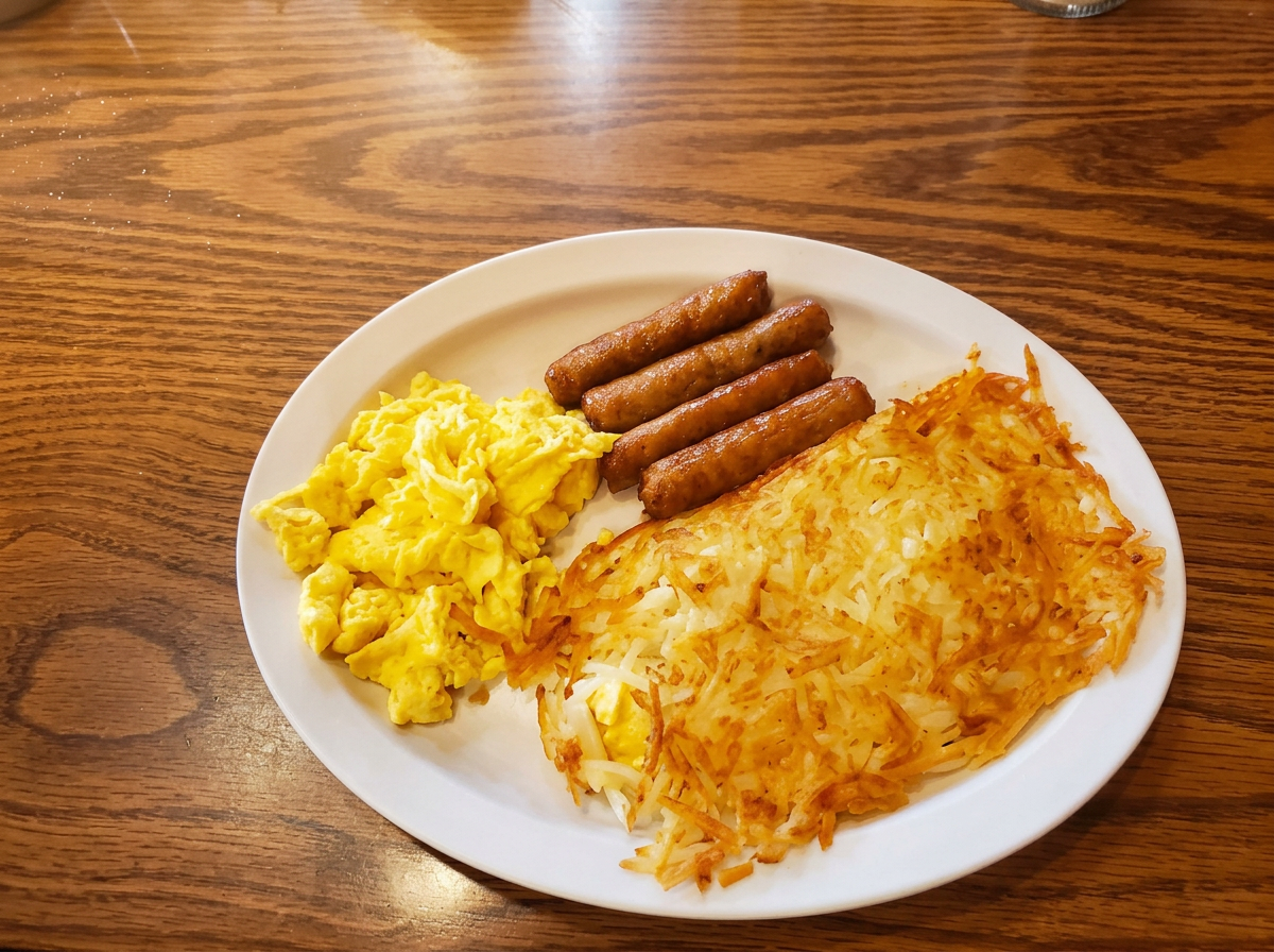 Scrambled eggs, sausage links, and crispy hash browns on a white diner plate
