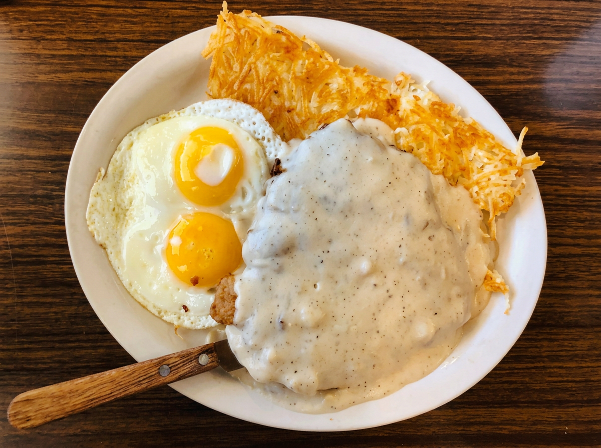 Chicken fried steak with country gravy, eggs, and hash browns