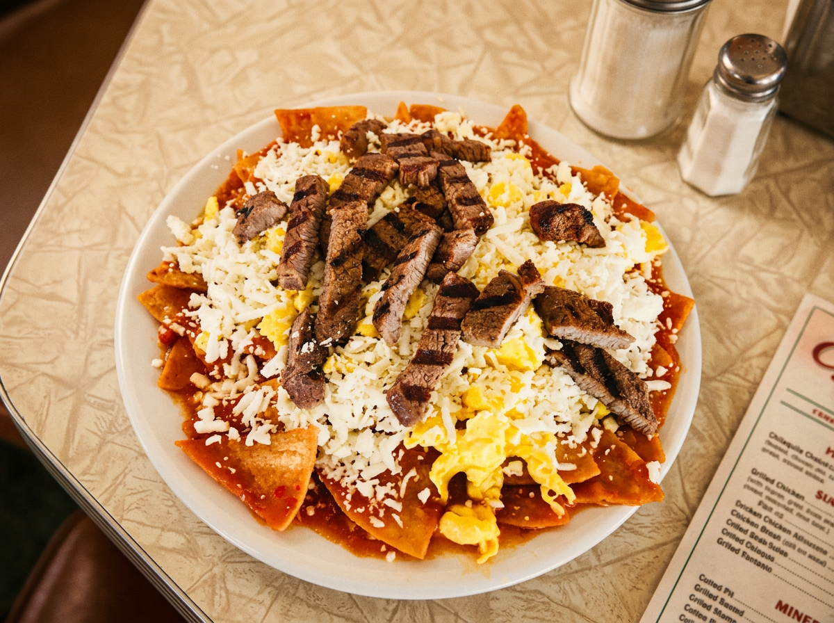 Chilaquiles topped with grilled steak, eggs, and crumbled cheese