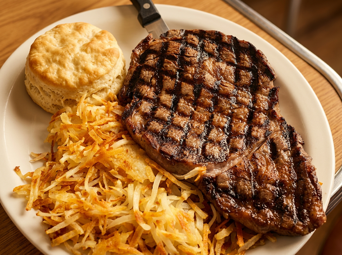 A grilled ribeye steak with hash browns and a biscuit on a white plate